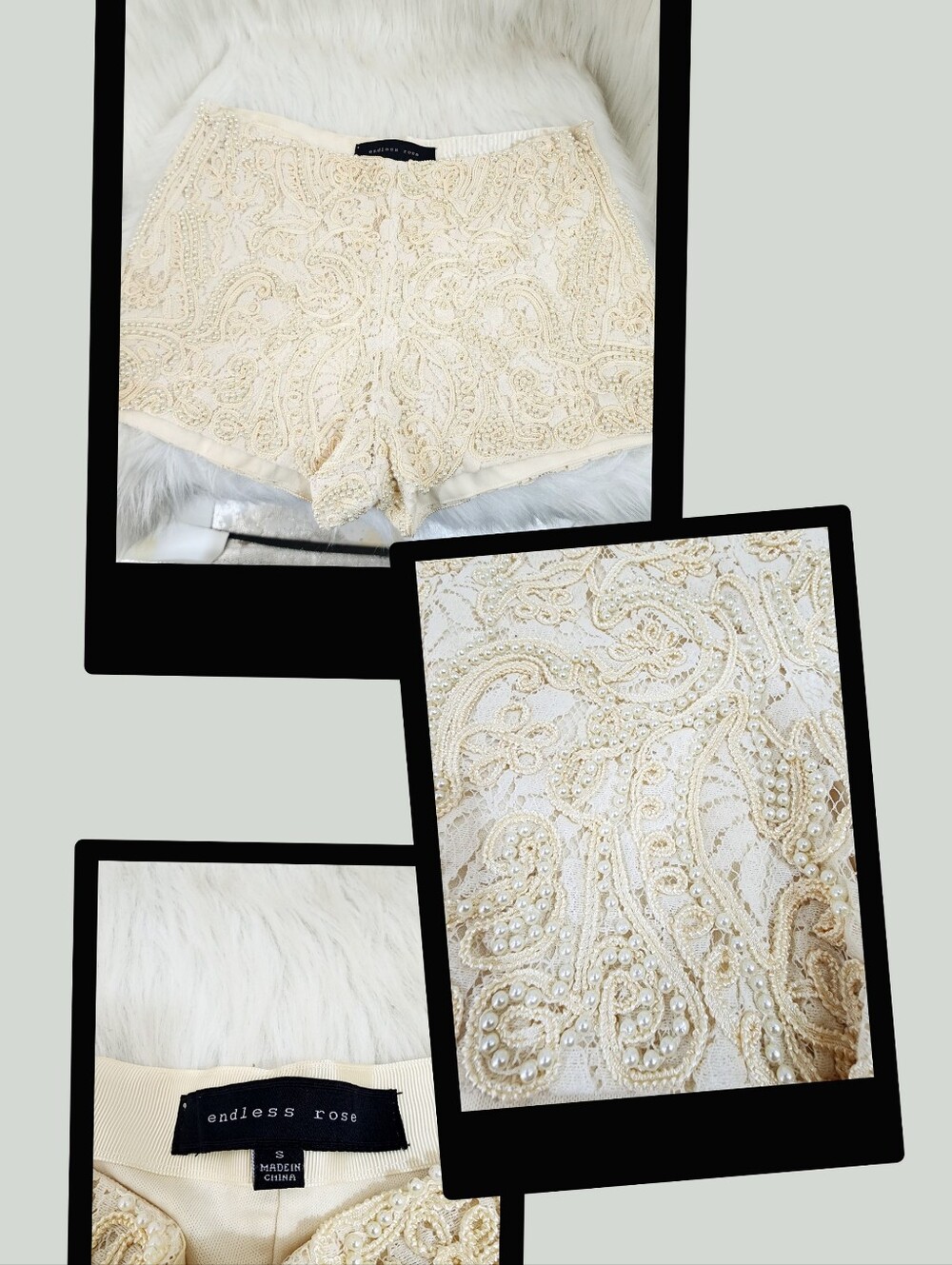 Endless Rose Pearl-Embellished Lace Cream Shorts, Size Small